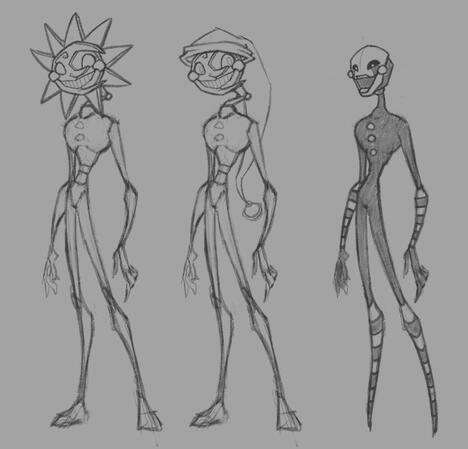 Concept art redesigns of the characters &quot;Sun/Moon&quot; and &quot;Puppet&quot; from FNAF, intended for an AU story of my own creation